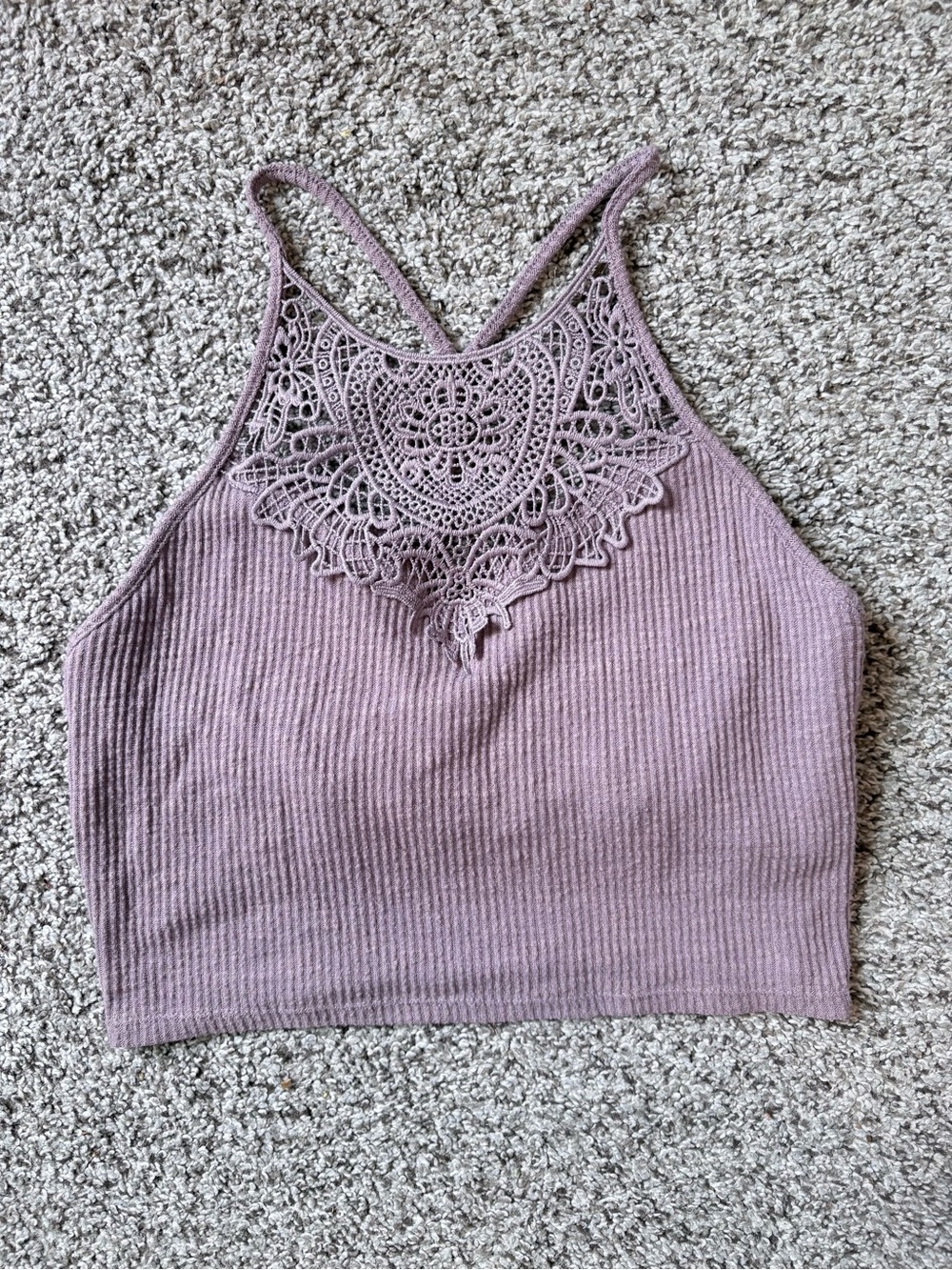 pink ribbed high neck crochet lace bralette crop top size small